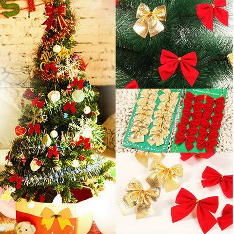 12pcs Pretty Gold Bowknots Christmas Ornament Tree Decoration Party Bowknots Baubles New Year Xmas Christmas Decoration For Home