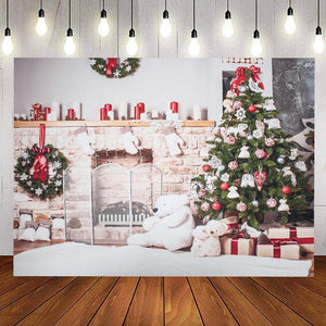 Christmas Tree White Brick Wall Backdrop Fireplace Photo Background for Party New Year Snow Gifts Baby Children Decoration