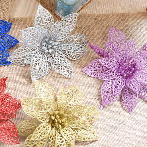 15cm Plastic Simulation Christmas Glitter Hollow Artificial Flower Wedding Birthday Party Decoration New Year Christmas Decor