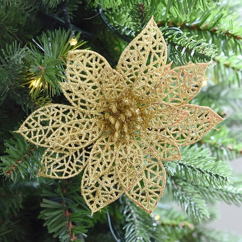 15cm Plastic Simulation Christmas Glitter Hollow Artificial Flower Wedding Birthday Party Decoration New Year Christmas Decor