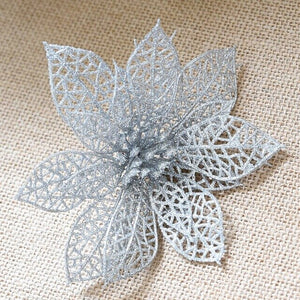 15cm Plastic Simulation Christmas Glitter Hollow Artificial Flower Wedding Birthday Party Decoration New Year Christmas Decor