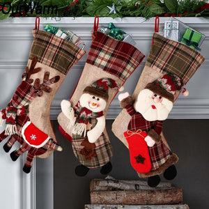 OurWarm Large Christmas Stocking Santa Claus Sock Plaid Burlap Gift Holder Christmas Tree Decoration New Year Gift Candy Bags